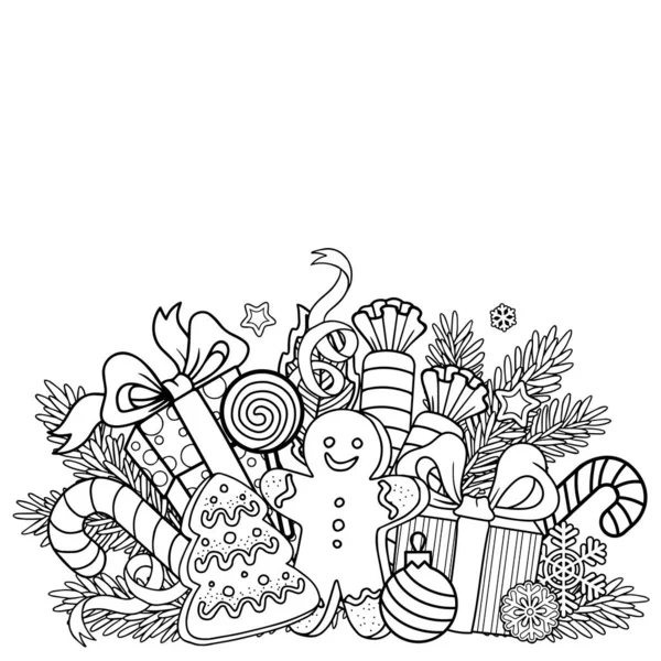 Vector Black White Coloring Page Christmas Coloring Book Adult Sweet — Stock Vector