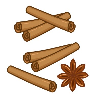 Sıcak şarap baharatları için vektör illüstrasyon seti. Tarçın çubukları ve yıldız anason