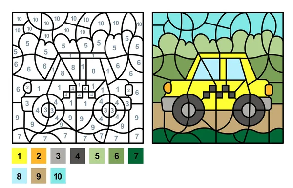 Puzzle Spiel Farbe Nach Anzahl Gelbes Taxi Vector Malseite Für — Stockvektor