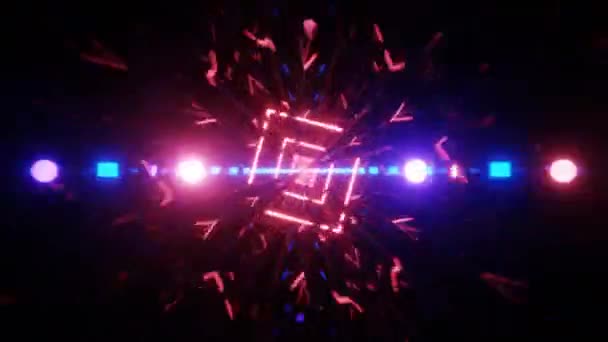 Gelişmiş üçgen kare şekilli Neon kırmızı mavi teknoloji tüneli. 3d görüntüleme, vj döngü. — Stok video