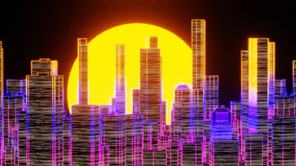 Sunset Flight mentén nagy futurisztikus neon város. Zökkenőmentes VJ hurok. Technológiai és üzleti vonatkozású 4K 3D animáció. — Stock videók