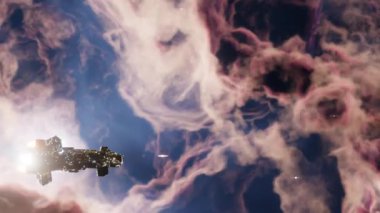 Derin Uzay Keşfi konsepti. Nebula ya da galaksi bulutlarında uçan bir uzay gemisi. Seamles döngüsü, 3D görüntüleme.
