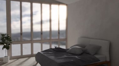 Kullanım dışı bırakılmış arka plan modern beyaz iç animasyon. Arka planda kış zamanı, güneşli ve güneşli bir orman. 3 boyutlu görüntüleme. Yeşil ekran arkaplanı konsepti değiştiriliyor.
