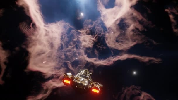 Konsep Deep Space Exploration. Pesawat ruang angkasa terbang melalui nebula atau awan galaksi. render 3d. — Stok Video