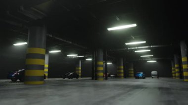 Moving in underground parking interior with cars. 3D render