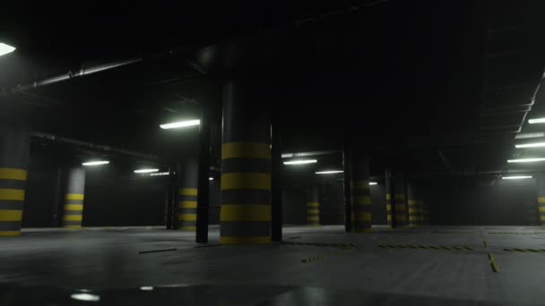 Moving in dark underground parking interior. 3D render — Video Stock