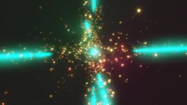 Dönen metal küpleri ve lazer ışınları olan soyut bir arkaplan. Kusursuz döngü, 3D görüntüleme.