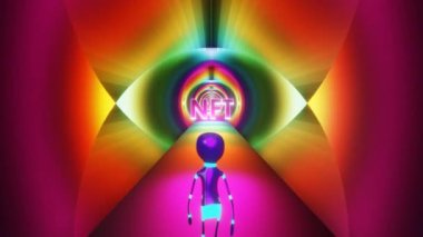 Parlayan portalda yürüyen aptal manken. VJ kusursuz döngü, NFT konsepti. 3d hazırlayıcı