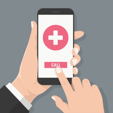 Düz tasarım stili insan eli ekranda hastane sembolünü çağrıştıran akıllı telefonu tutuyor.