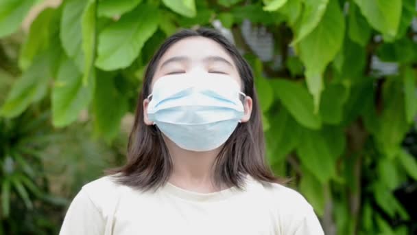Girl Breathing Fresh Filling Her Lungs While Wearing Mask Prevent — Stock Video