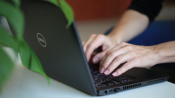 Abu Dhabi, UAE - December 19, 2021: Woman typing on DELL laptop. Hands in focus. Concept of freelancer working from home. — 图库视频影像