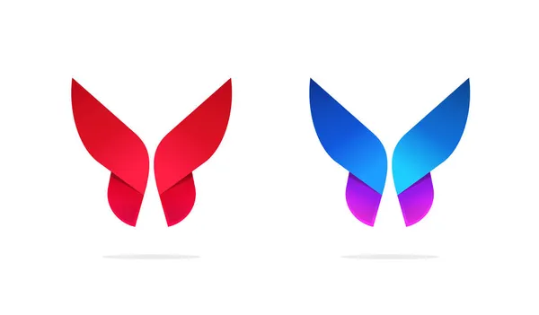 Butterfly logo geometrische symmetrische gradiënt stijl vector logotype template ontwerp in blauw paars paars paars rode kleuren voor cosmetische of schoonheid elegantie bedrijfsidentiteit, geïsoleerde levendige pictogram modern symbool — Stockvector