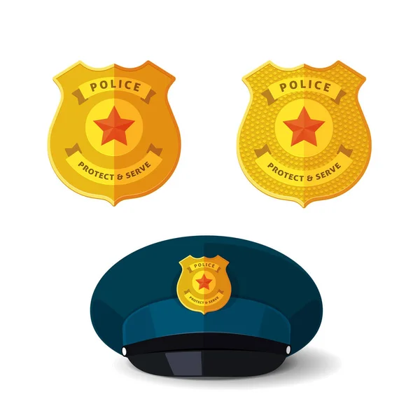 Arany rendőrség jelvény vektor elszigetelt vagy különleges biztonsági tiszt zsaru és seriff fémes embléma reális kalap lapos rajzfilm illusztráció előfizetői, rendőr arany modern csillag jel — Stock Vector