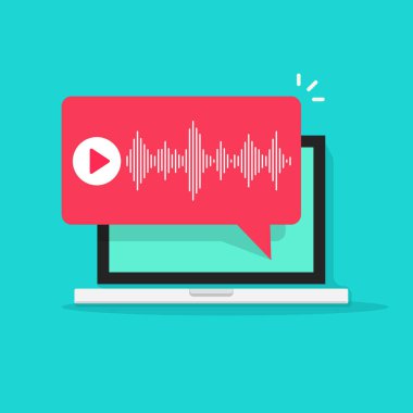 Laptop bilgisayar ekranı simgesi dijital teknoloji düz çizgi film çizimi çiziminde sesli mesaj sohbet bildirimi veya ses podcast dikkat vektör balonu konuşması