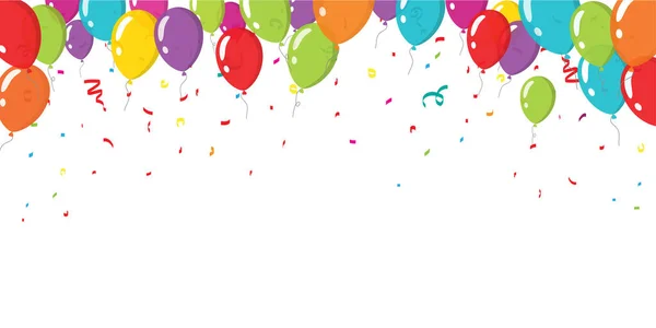 Ballonger och konfetti firande av födelsedagsfest banner bakgrund ram mall för kopia utrymme text vektor eller festliga färgglada roliga balooner för jubileum händelse dekoration på vit platt tecknad — Stock vektor