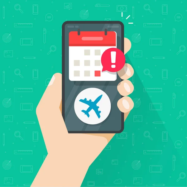 Υπενθύμιση πτήσης σε απευθείας σύνδεση σημαντικό μήνυμα ειδοποίησης στο κινητό τηλέφωνο διάνυσμα ή επείγουσα ώρα αναχώρησης του αεροπλάνου προγραμματισμένη στο κινητό smartphone ημερολόγιο app επίπεδη απεικόνιση κινουμένων σχεδίων — Διανυσματικό Αρχείο
