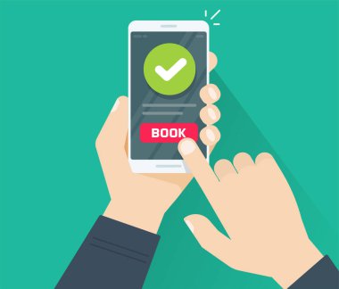 Cep telefonu vektörü veya web siparişi üzerinde internet rezervasyon kavramı ve akıllı telefondan insan eli düz çizgi film çizimi doğrulandı