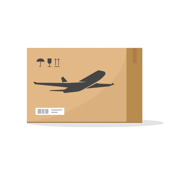Entrega de caixa de pacote de pacote por conceito de vetor de avião de correio aéreo ou exportação e importação de pacote de carga por ideia de embarque de companhia aérea comercial vetor de desenho animado plano, serviço de transporte postal de logística — Vetor de Stock