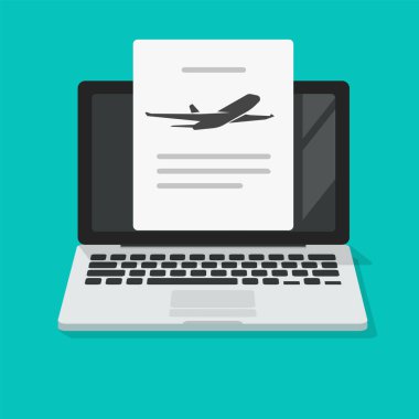 Uçuş kontrolü bilgisayar ekranında. Uçak kalkış bilgileri vektör düz çizgi film, uçak uçak bileti rezervasyonları dijital elektronik bilgi panosu aracılığıyla internetten kontrol ediliyor.