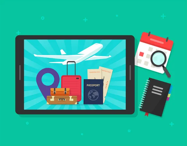 Ταξίδι και το σχεδιασμό ταξίδι σε απευθείας σύνδεση διάνυσμα ή επάγγελμα ταξίδι έννοια του χρόνου πτήσης επίπεδη lay εικονογράφηση κινουμένων σχεδίων, ψηφιακό tablet υπολογιστή με διαβατήριο και εισιτήρια, αποσκευές αεροπλάνο ή αποσκευές, σημειωματάριο — Διανυσματικό Αρχείο