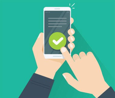 Cep telefonu vektörü ya da telefon onayı onaylama anketindeki kontrol işaretleri ve tam aksiyon düz çizgi filmi, onaylanmış anket işaretleri konsepti ya da tam sınav işareti