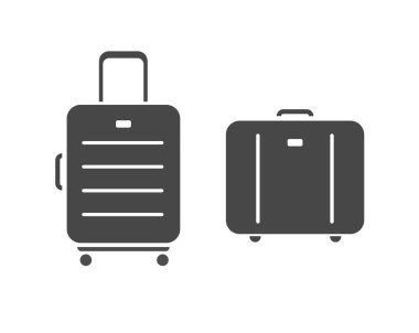 Seyahat çantaları ikon vektörü veya bagaj valizleri piktogramlar izole edilmiş, el çantaları havaalanı için sembol etiketi, turizm tramvayı çantası beyaz arka planda siyah clipart illüstrasyon seti