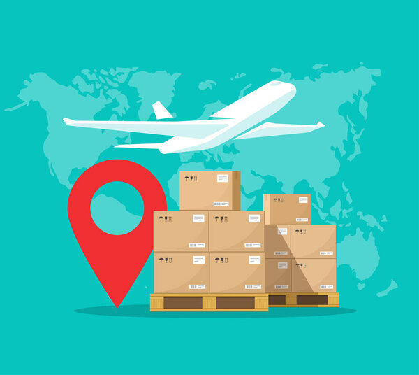 Air logistics cargo delivery global mail service by plane vector or aircraft freight airmail parcels packages world courier concept flat cartoon, airmail shipping transport tracking and export idea