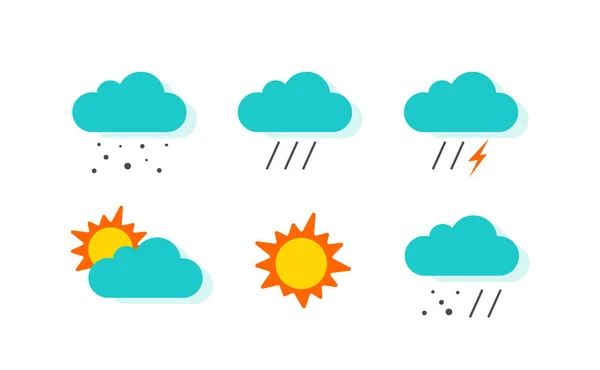 Prognoza meteo meteo meteo icoane set vector cu ploaie, zăpadă, soare și furtună meteorologie simboluri desene animate plate ilustrație izolată pe alb — Vector de stoc