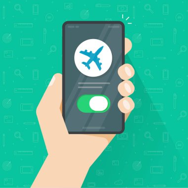 Uçak modu telefon ve insan eli vektörü, hava uçağı cep telefonu akıllı telefon uyarısı, cep telefonu uçuş bilgisi düz çizgi film illüstrasyonu