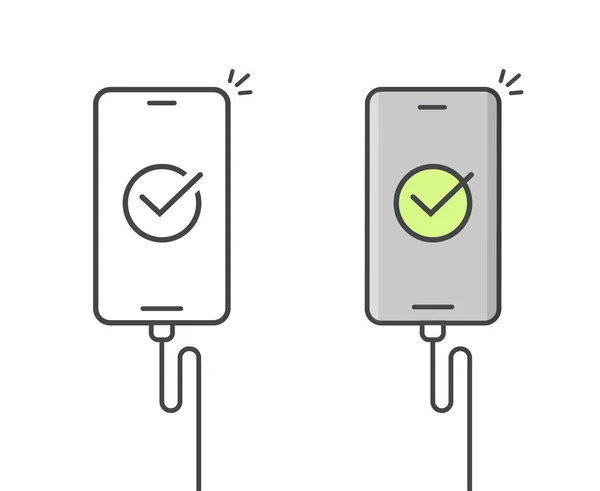 Cargador de teléfono celular conectado icono o recarga de teléfono inteligente móvil con la línea de cable USB esbozar ilustración de arte con marca de verificación en la pantalla, enchufe adaptador de teléfono celular aislado — Vector de stock