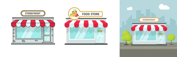 小商店的店面、餐厅或杂货店的店面、平面卡通插图、城市街道上的店面建筑以及白色的隔离物 — 图库矢量图片