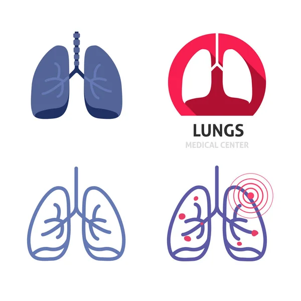 Pulmones bronquio saludable icono del logotipo del vector y enfermedad de tuberculosis bronquial como asma o enfermedad respiratoria dibujo animado plano y esquema de línea ilustración aislado, dolor de órgano de silueta de bronquios — Archivo Imágenes Vectoriales