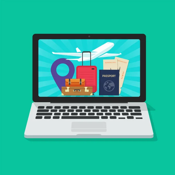 Online travel trip on computer vector or journey vocation flight on laptop screen concept flat cartoon illustration, digital pc with passport and tickets, airplane luggage or baggage — Stockvektor