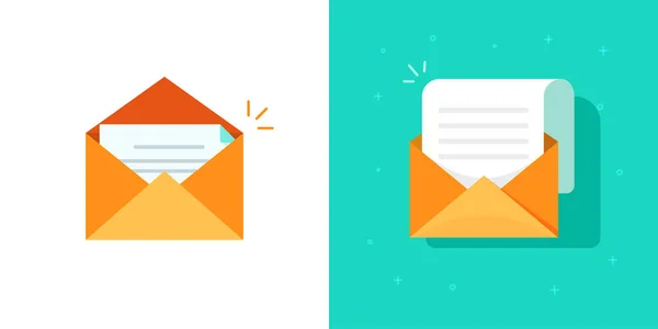Email open icon with new mail letter received vector or paper envelope message inbox with correspondence text document flat cartoon illustration — Image vectorielle