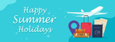 Travel agency banner with flight items vector or world adventure by airplane with luggage suitcases, passport and plane tickets flat cartoon illustration, concept of trip online booking
