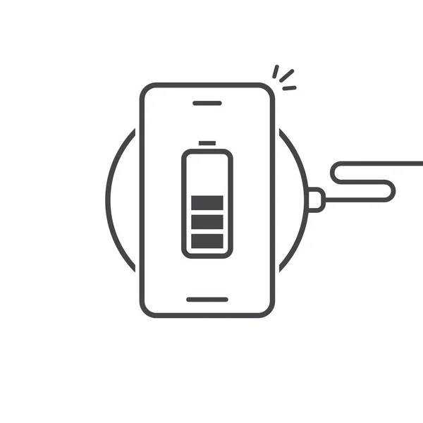 Wireless charger pad for cellular cell phone line outline art vector or mobile inductive recharge for smartphone illustration, cellphone charge isolated on white with battery stroke indicator — Stockvector