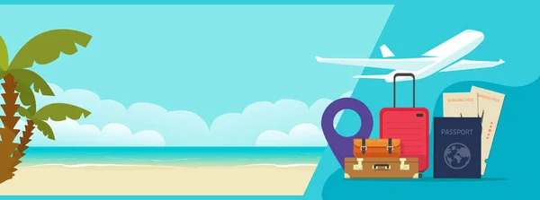 Resort ταξιδιωτικό banner πρακτορείο διακοπών με αεροπορικά εισιτήρια κράτηση διάνυσμα ή καλοκαίρι περιπέτεια παραλία και το ταξίδι με αφίσα αεροπλάνο με αποσκευές βαλίτσες, διαβατήριο και αεροπλάνο επίπεδη εικόνα κινουμένων σχεδίων — Διανυσματικό Αρχείο