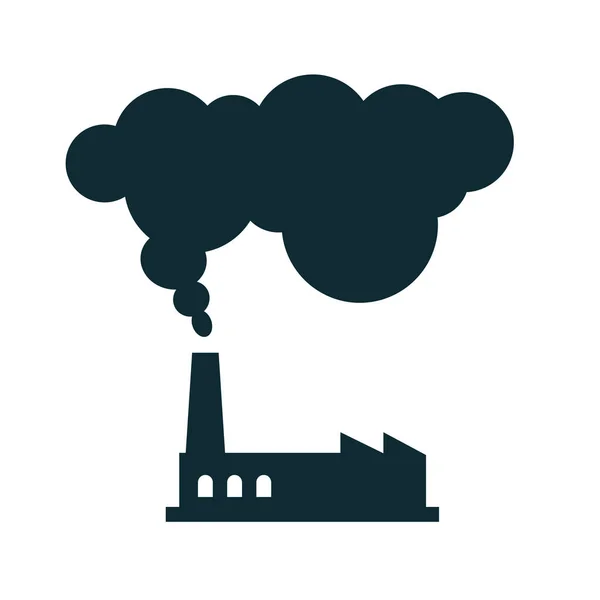 Fabrik kraftverk koldioxid rök ikon vektor eller kemisk produktion av skorsten röret i luften med svart moln utsläpp piktogram platt tecknad film — Stock vektor