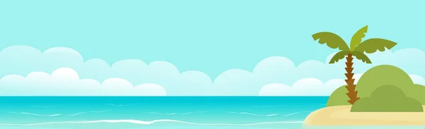 Exotische Strand Küste Linie Vektor oder sonnigen tropischen Paradies Insel mit Meer Hintergrund flache Cartoon-Illustration, Sommer Ozean-Panorama Lagune mit Palmen Laub und Schönheit leer Resort Bucht — Stockvektor