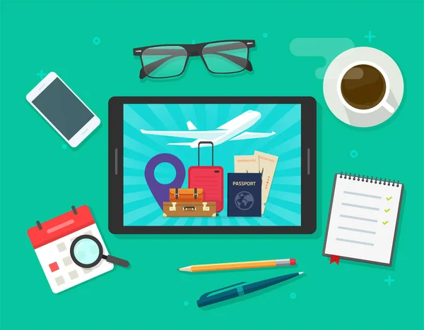 여행 또는 여행을 계획하는 체크 리스트 벡터 평면 또는 온라인 휴일 직업 티켓을 태블릿 컴퓨터에서 예약하고 만화 삽화, 모험 비행 및 여행 액세서리 구성등을 확인 한다. — 스톡 벡터