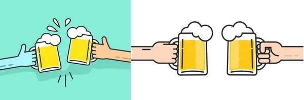 Пивні чашки тримають руки і тости векторні або два друзі святкують свято напій і вітають плоску мультяшну лінію контуру стилю ілюстрації ізольовані на синьо-білому фоні — стоковий вектор