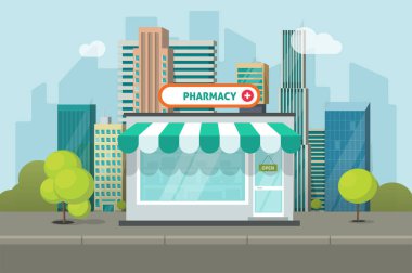 Eczane vitrini vektör binası ya da eczacı dükkanı cephesi. Şehir caddesindeki düz çizgi film illüstrasyonunda. Kasabadaki küçük eczane ön tarafındaki dükkan.