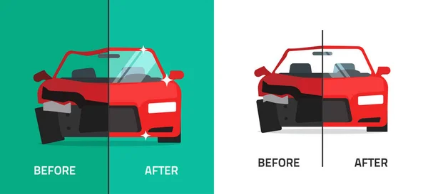 Mobil sebelum kerusakan kecelakaan dan setelah memperbaiki kartun vektor datar, tabrakan kecelakaan mobil yang rusak dan ilustrasi perbaikan mobil, spanduk layanan pemeliharaan - Stok Vektor