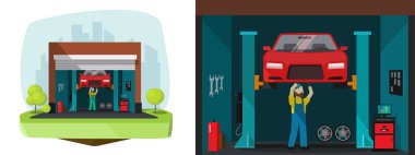 Araç vektörü veya otomobil onarım onarım atölyesi için araba garajı tamircisi çalışan ve düz çizgi film illüstrasyonunu kontrol eden tamirci ile birlikte