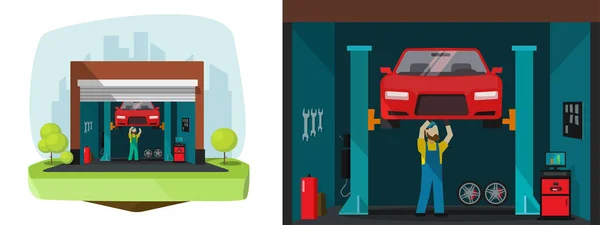 Toko layanan garasi mobil untuk lokakarya vektor kendaraan atau pemeliharaan perbaikan mobil dengan orang mekanik yang bekerja dan memeriksa ilustrasi kartun auto flat - Stok Vektor