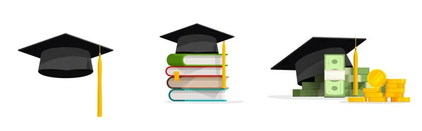 Освіта грантові гроші вектор або коледж вивчають дорогу концепцію витрат і стипендію, випускний капелюх або академія чорний капелюх ізольовані, студентський міномет з книгами як значок досягнення знань — стоковий вектор