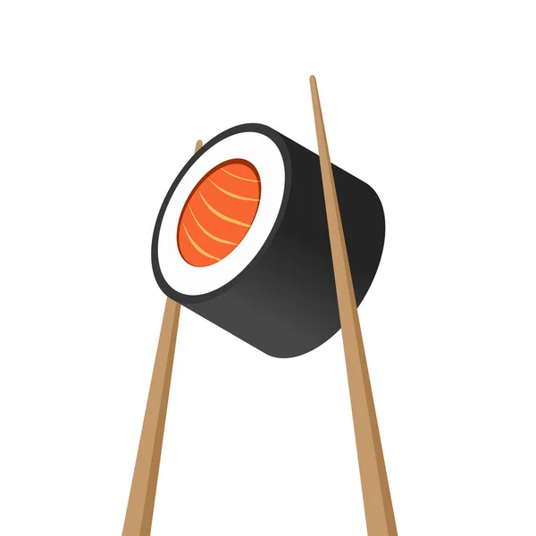 Sushi roll maki med lax och ätpinnen vektor isolerad på vit bakgrund, färska välsmakande asiatiska eller japanska måltid ikon illustration clipart, trä pinne och skaldjur, idé om logotyp — Stock vektor