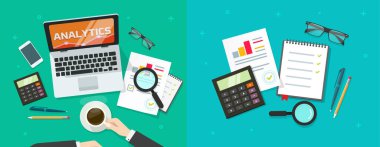 Mali analiz denetim raporu muhasebeci kişi çalışma masası üst görünüm vektörü veya ofis yöneticisi analiz ve planlama bütçe veri düz çizim, iş kalite gözden geçirme ve kontrol