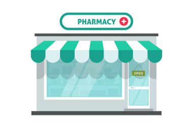 Eczane binası vektörü izole edilmiş ya da küçük eczacı ön cephe vitrinleri düz çizgi film illüstrasyonu, eczane önü ya da beyaz arka planlı tek güneşli dükkan önü