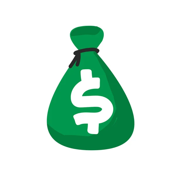Χρήματα τσάντα doodle διάνυσμα ή ζωγραφισμένα τσάντα καμβά μετρητά με δολάριο νόμισμα διάνυσμα εικονίδιο απομονώνονται σε λευκό φόντο εικονογράφηση πράσινο χρώμα — Διανυσματικό Αρχείο